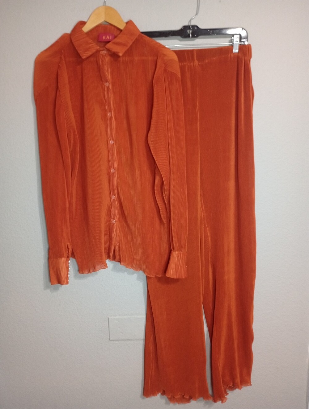 Kai Collective Plisse Shirt And Pants Set in Orange